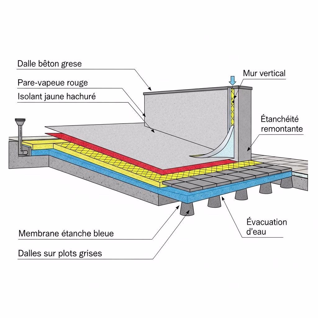 Coupe technique montrant les différentes couches d'étanchéité d'un toit-terrasse : dalle béton, pare-vapeur, isolant, membrane étanche et dalles sur plots